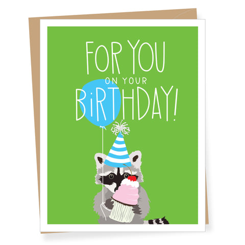 For you, Raccoon with Cupcake Birthday Card