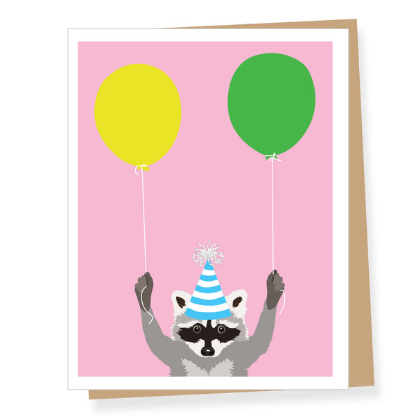 Party Raccoon with Two Balloons, Birthday Card