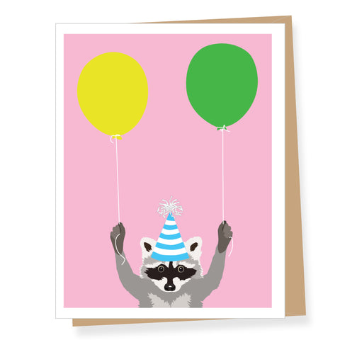 Party Raccoon with Two Balloons, Birthday Card