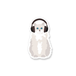 White Cat with Headphones, Vinyl Sticker